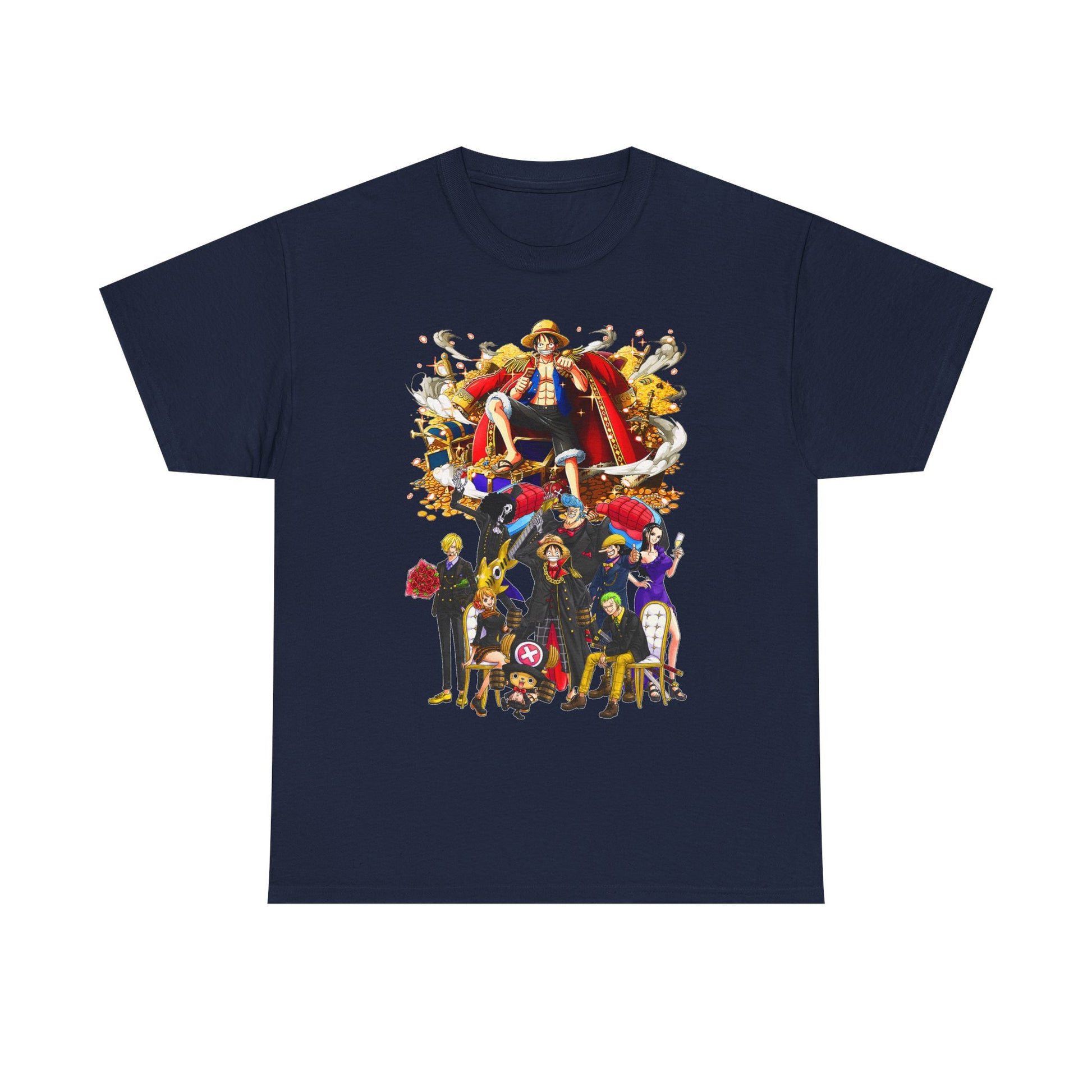Sophisticated navy t-shirt featuring a dramatic group portrait of beloved anime characters, designed to evoke a sense of adventure and timeless elegance.