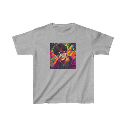 Kids Harry Potter Heavy Cotton Tee in elegant grey featuring an imaginative portrayal of the renowned wizard, perfect for every young witch or wizard.