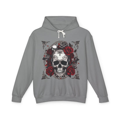 Unisex Lightweight Hooded Sweatshirt featuring unique designer skull and roses, presented in a stylish grey colour, perfect for making a fashion statement.