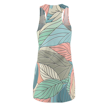 Close-up view of the elegant leaf pattern on the Emilia Valentina Racerback Dress by Dazzling Dreams Studio, highlighting its intricate design and pastel hues.