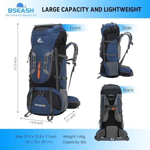 Bseash 80L Waterproof Hiking Camping Backpack with Rain Cover, Large Capacity Outdoor Sport Travel Daypack Rucksack for Climbing Skiing