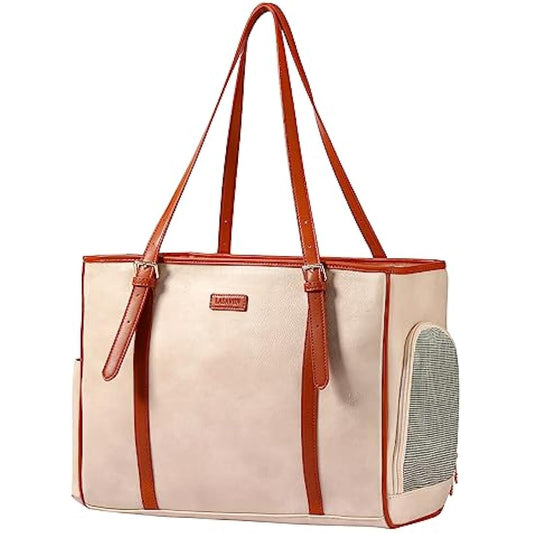 Lasaviin Fashion Dog Purse Pet Carrier Leather Bag for Small Dogs Cats Puppy, Portable Tote Bag Airline Approved Soft-Sided Carriers (Beign)