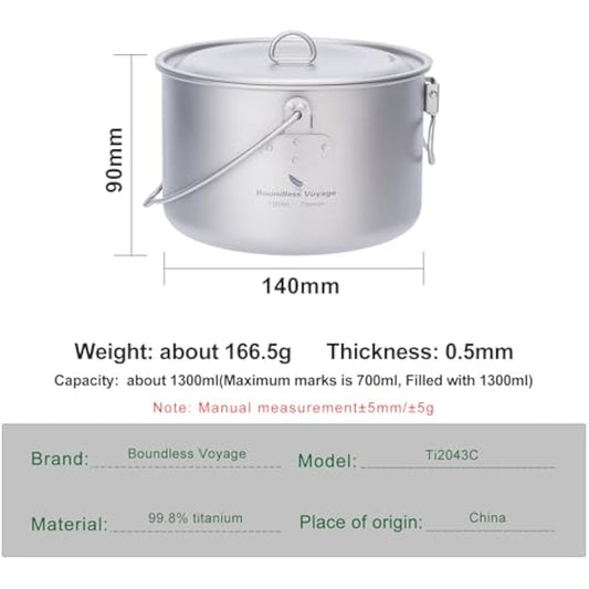 Boundless Voyage Outdoor 1300ml Titanium Pot with Lid Folding Bail Handle Camping Hiking Picnic Ultralight Portable Water Bottle Cup Mug Spork Set (1300 pot)