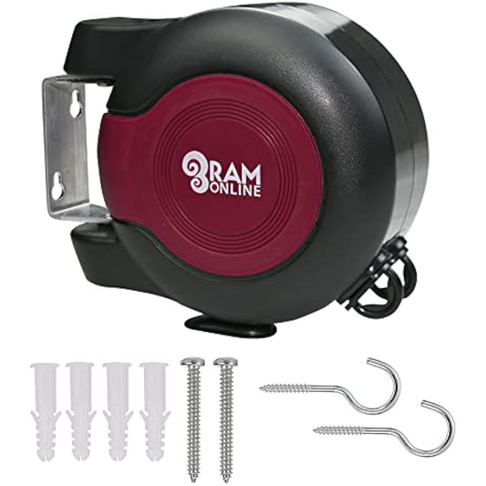 Ram® 30 metre Retractable Reel Clothes Lines Washing Line with Twin Cable - Wall Mounted Heavy Duty Clothes Dryer 2 x 15m Lines of Drying Space, Burgundy