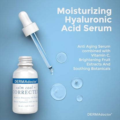 DERMAdoctor Calm Cool + Corrected Dermatologist Formulated Moisture Recovery Hyaluronic Acid Serum with Vitamin C & Niacinamide; Hydrating & Brightening Anti Aging Serum for Sensitive Skin - 30 ml
