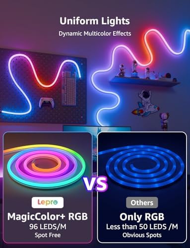 Lepro N1 AI Smart Rainbow Neon Light Strip 3M, 96 LEDs/M, Work with Alexa, Google Home, Music Sync, AI Lighting Design Assistant, IP65 Rope Light, MagicColor LED Light, App & Voice Control, No Remote