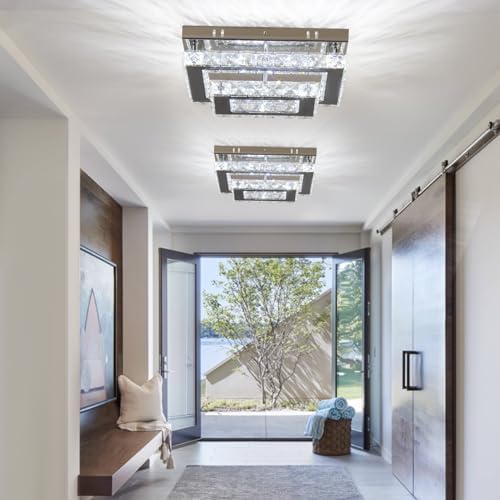 Finktonglan Crystal LED Ceiling Light Modern Rectangular Ceiling Lamp K9 Stainless Steel Flush Mount Chandelier Ceiling Lights Fixture for Living Room Bedroom Dining Room(Dimmable)