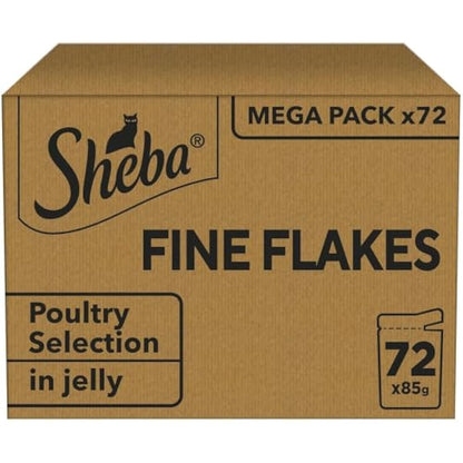 Sheba Fine Flakes in Jelly – Poultry Collection – Wet cat food pouches for adult cats – 72x85g pack