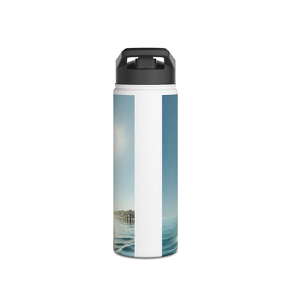 Fantasy Paddleboarding Stainless Steel Water Bottle in a vertical position, featuring a captivating seaside scene, representing luxury hydration for outdoor pursuits.