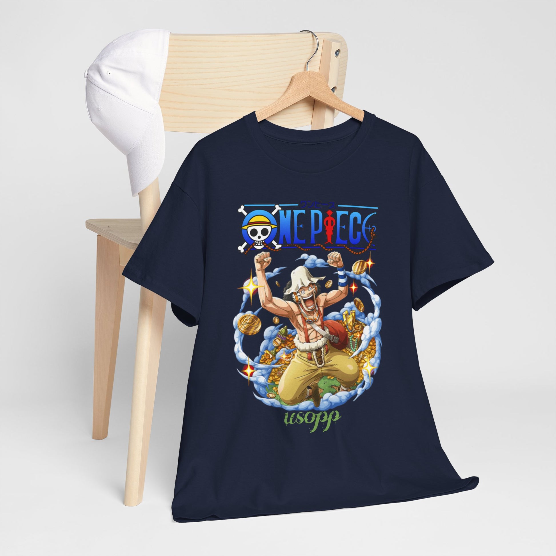 Stylish navy blue Dynamic Usopp men's t-shirt featuring vibrant anime illustration, showcasing Usopp in a joyful leap surrounded by gold coins and clouds, perfect for One Piece fans.
