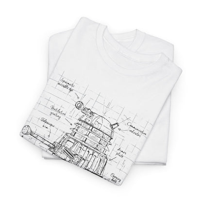 Dr Who Dalek Unisex Mens Women´s Graphic Funny T Shirt Tee Urban Street showcasing two folded t-shirts with a Dalek design illustrated in pen-and-ink.
