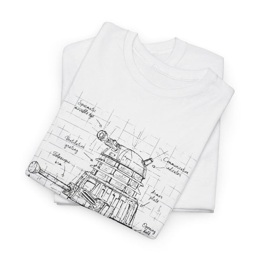 Dr Who Dalek Unisex Mens Women´s Graphic Funny T Shirt Tee Urban Street showcasing two folded t-shirts with a Dalek design illustrated in pen-and-ink.