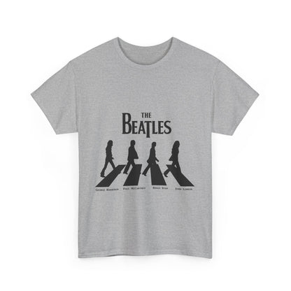 The Beatles Unisex Cotton Graphic Tee Featuring Iconic Abbey Road Logo - Vintage Style T-Shirt, front view with the iconic Abbey Road graphic, elegantly displaying The Beatles' silhouettes.