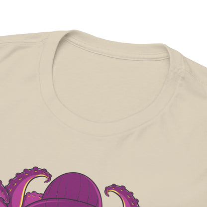 Close-up view of the neckline of a luxurious Vibrant Skeleton T-Shirt, highlighting the intricate octopus design and soft fabric texture.