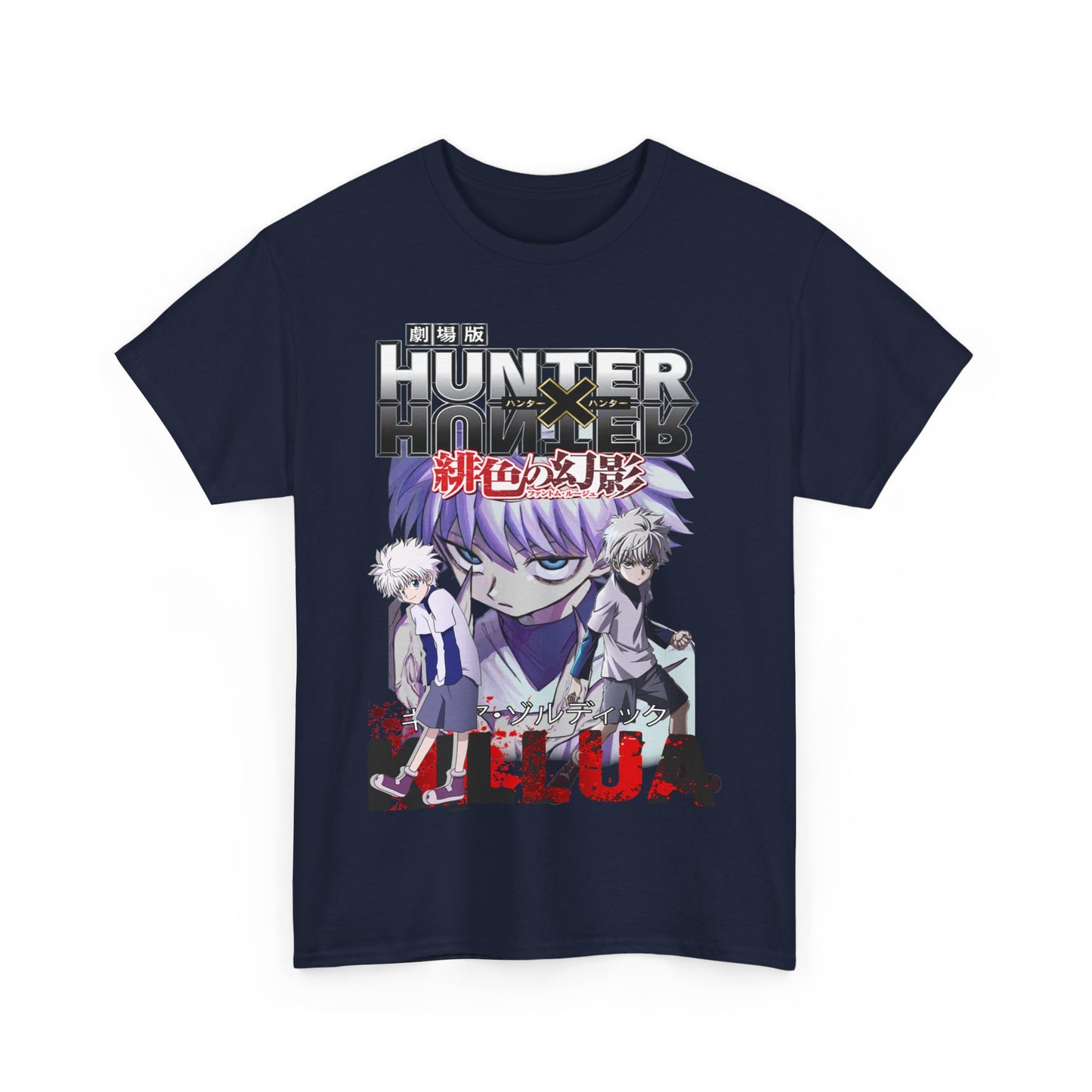 Luxurious navy blue Hunter x Hunter t-shirt featuring bold graphic design of Killua and Gon, capturing the essence of adventure in premium quality fabric.