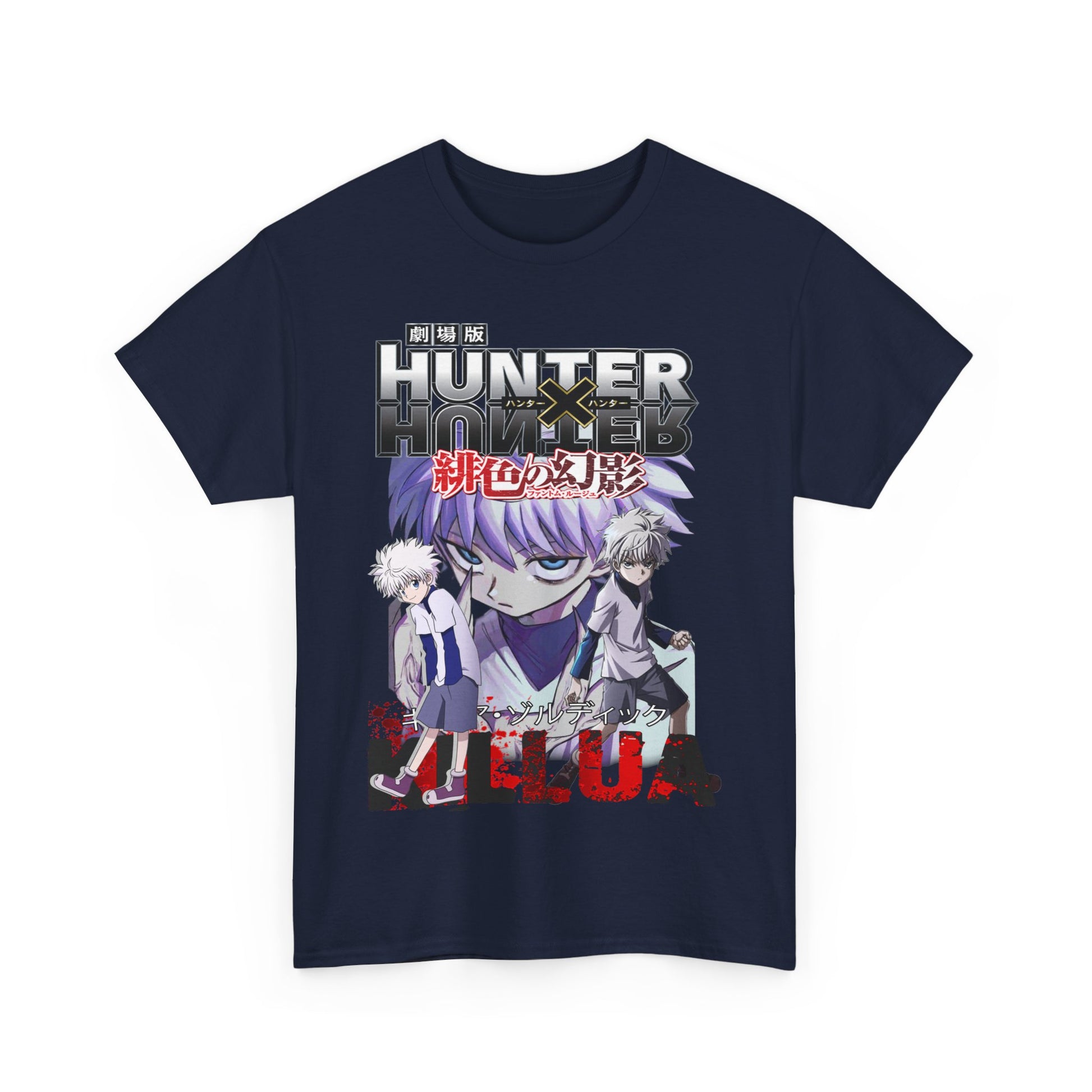 Luxurious navy blue Hunter x Hunter t-shirt featuring bold graphic design of Killua and Gon, capturing the essence of adventure in premium quality fabric.