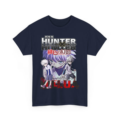 Luxurious navy blue Hunter x Hunter t-shirt featuring bold graphic design of Killua and Gon, capturing the essence of adventure in premium quality fabric.