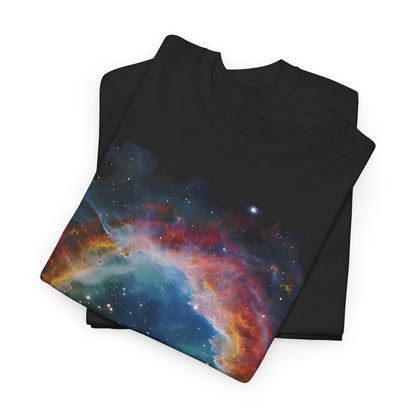 Chic The Ring Nebula Graphic T-Shirt, beautifully folded to display the intricate cosmic design, ideal for layering or a standout statement in any wardrobe.