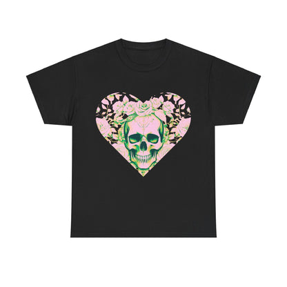 Skulls and Roses Cotton Tee, Unisex Graphic Shirt featuring a striking heart design with a skull and roses on a black background, representing edgy luxury fashion.