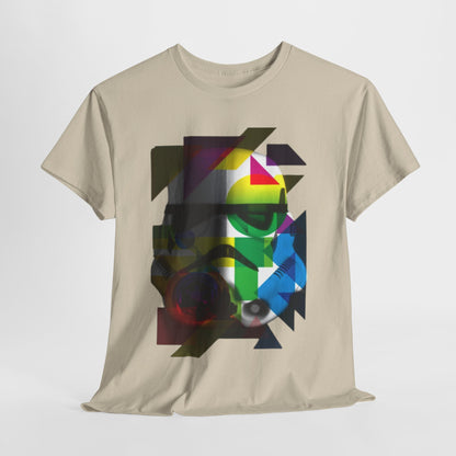 Artistic Stormtrooper helmet graphic on a stylish beige t-shirt, showcasing bold, geometric shapes and vibrant colours for a modern, luxurious look.