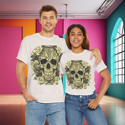 Stylish couple wearing Luxury Skulls and Roses Cotton Tees, set against a colourful modern backdrop, exemplifying unisex graphic apparel that blends edgy aesthetics with effortless elegance.