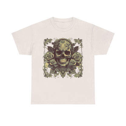 Skulls and Roses Cotton Tee, Unisex Graphic Shirt featuring a detailed skull design surrounded by roses on a soft cream background, perfect for alternative fashion enthusiasts.