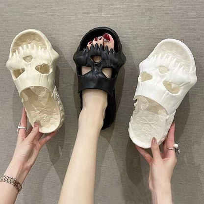 Pair of Personalized Skull Design Halloween Slippers available in chic black and white, highlighting their unique skull aesthetic, ideal for trendy beach outings and casual wear.