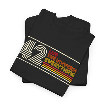 Stacked luxury unisex T-shirts featuring the retro design inspired by Hitchhiker's Guide to the Galaxy with '42 LIFE, THE UNIVERSE, EVERYTHING', perfect for fans of classic literature.