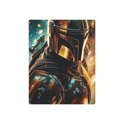 Close-up of Mandalorian Star Wars Metal Art Poster showcasing the polished metal finish and bold design, ideal for sophisticated interiors.