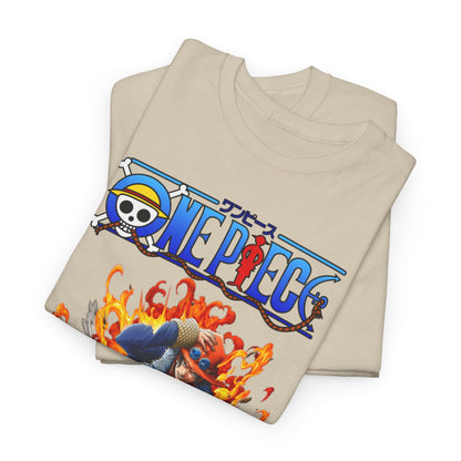 Stylish folded beige men's T-shirts displaying an eye-catching One Piece design, illustrating a character enveloped in flames, ideal for fashionable anime lovers.