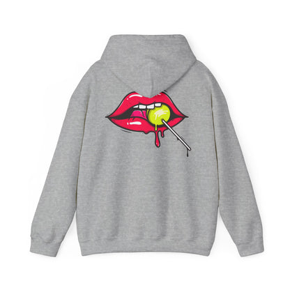 Trendy grey hoodie adorned with a striking graphic of red lips and a lollipop, a must-have for making a bold fashion statement.