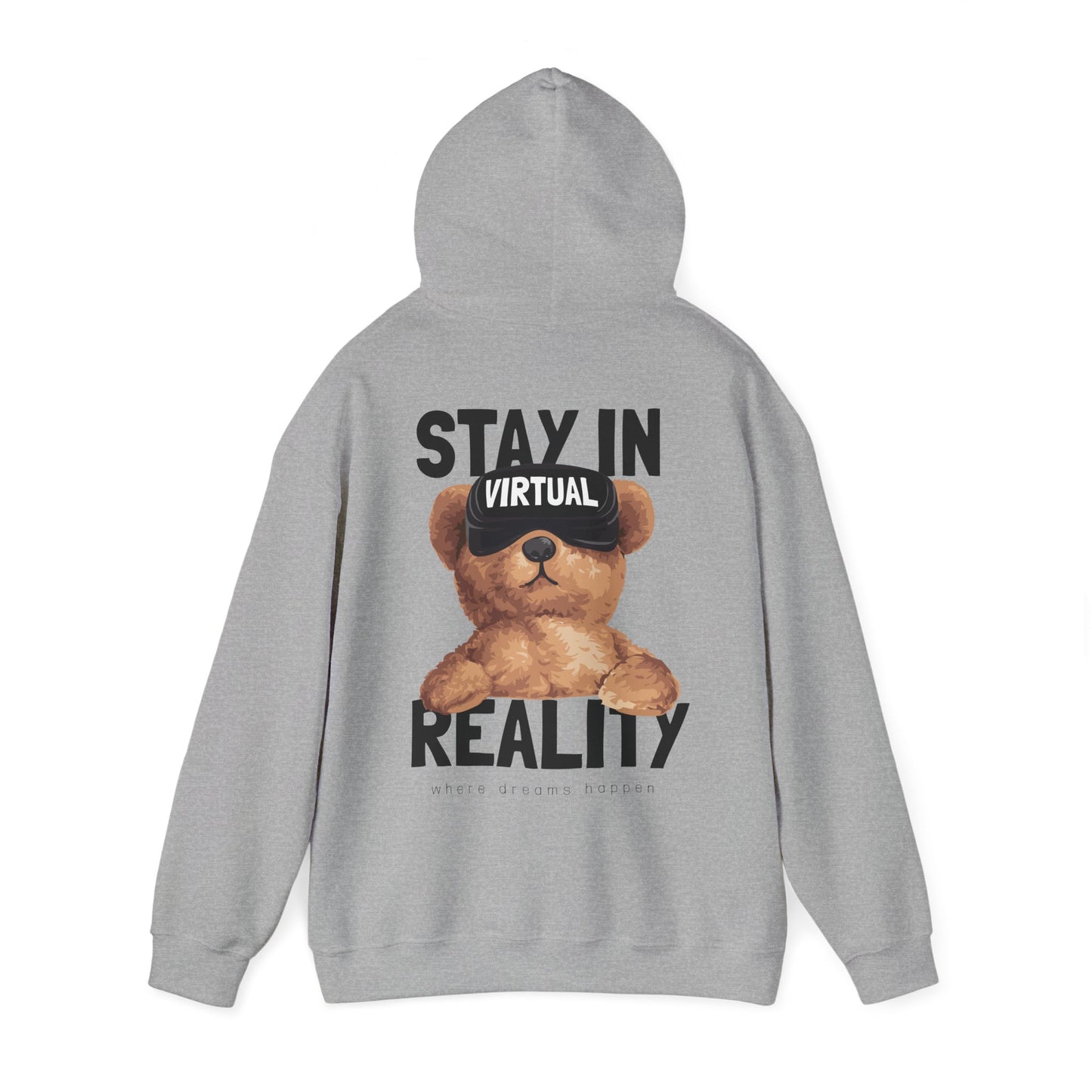 Elegant grey hoodie featuring a whimsical teddy bear with VR goggles, designed for the ultimate comfort and stylish appeal.