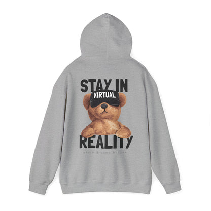 Elegant grey hoodie featuring a whimsical teddy bear with VR goggles, designed for the ultimate comfort and stylish appeal.