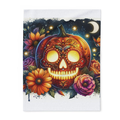 Luxurious Decorative and Warm Halloween Skellington Spooky Arctic Fleece Blanket showcasing a vibrant skull pumpkin design surrounded by colourful flowers and stars, perfect for seasonal decor.