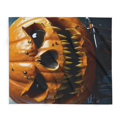 Artistic view of the Decorative and Warm Halloween Spooky Arctic Fleece Blanket featuring a dramatic pumpkin face, beautifully highlighting its detailed craftsmanship and perfect for luxurious Halloween decor.