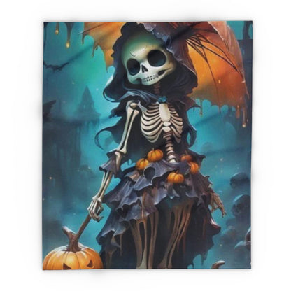 Stylish Decorative and Warm Halloween Spooky Arctic Fleece Blanket showcasing a sophisticated skeleton holding a pumpkin, ideal for wrapping up cosy during the Halloween season.