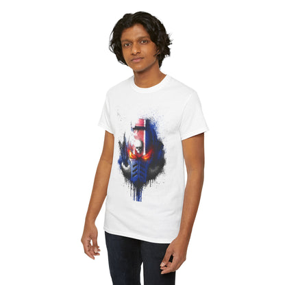 Men's unisex graphic t-shirt featuring a striking, artistic helmet design in dramatic shades of gray, silver, and black, perfect for urban street style.