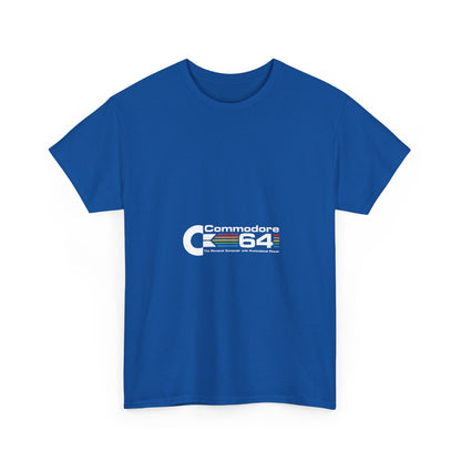 Commodore 64 Retro Christmas Graphic T-Shirt in blue, emphasising a striking vintage gaming graphic on luxurious cotton.
