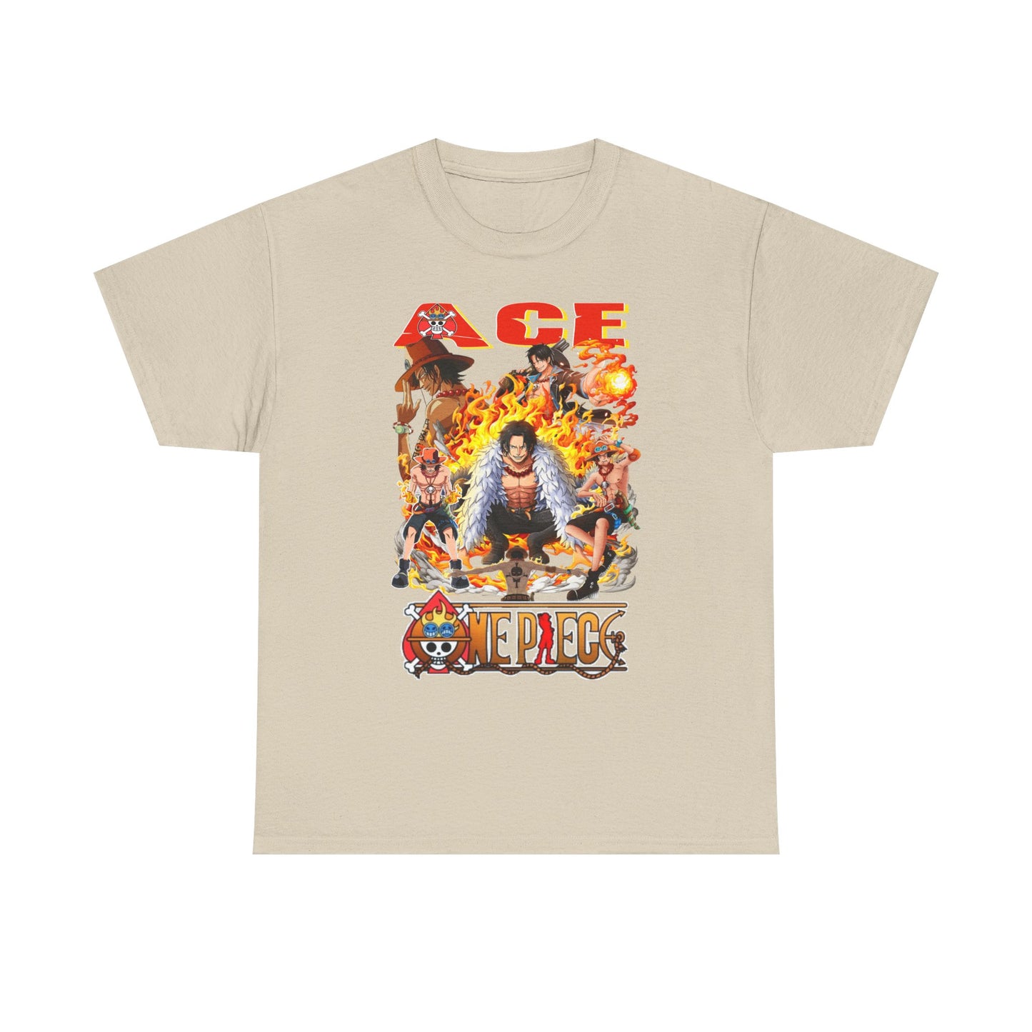 Men's elegant beige graphic t-shirt with Ace from One Piece, featuring a dynamic ensemble of flames and renowned characters, designed for premium anime fashion enthusiasts.