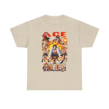 Men's elegant beige graphic t-shirt with Ace from One Piece, featuring a dynamic ensemble of flames and renowned characters, designed for premium anime fashion enthusiasts.