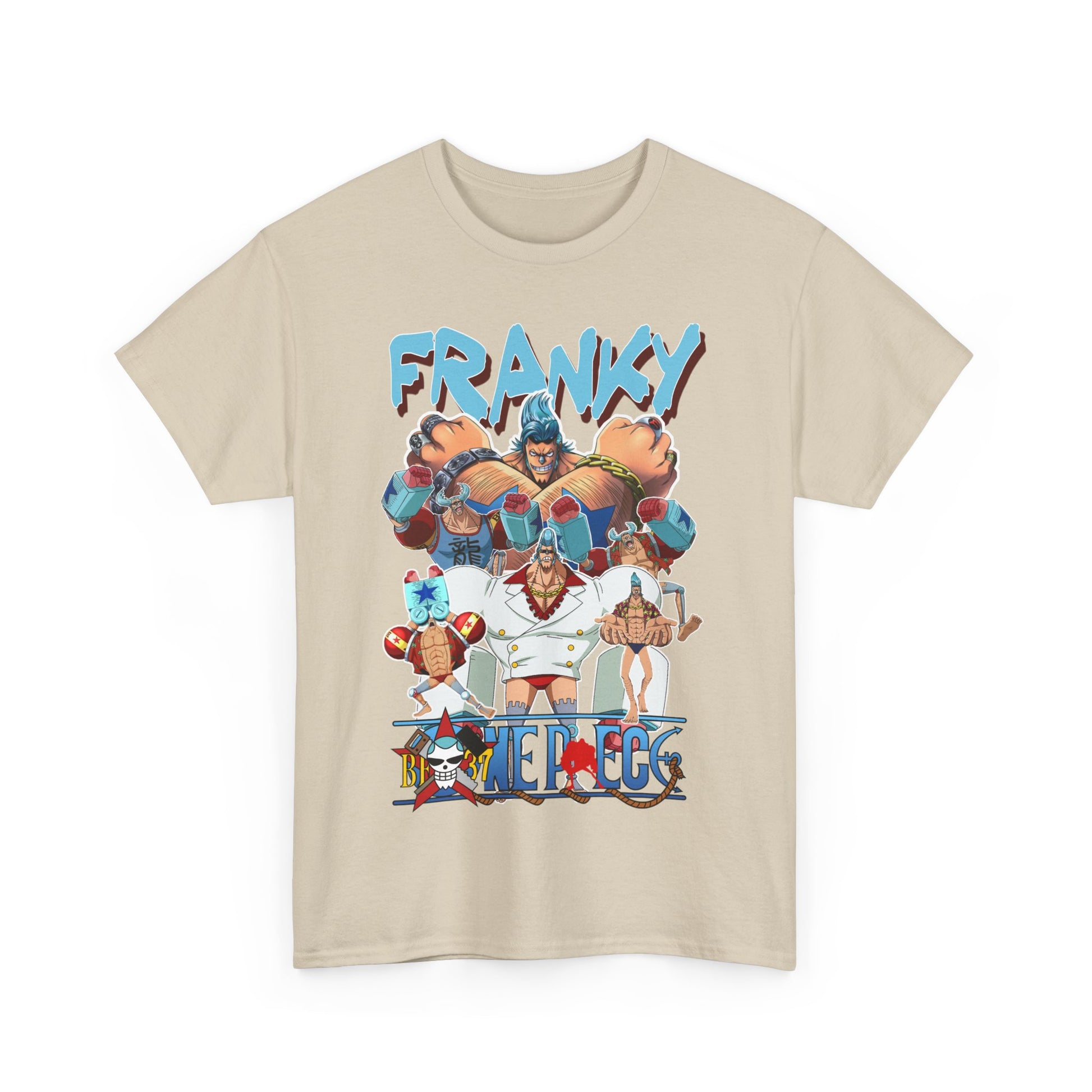 Stylish beige t-shirt with an eye-catching Franky graphic print, highlighting dynamic anime character art, perfect for casual elegance.
