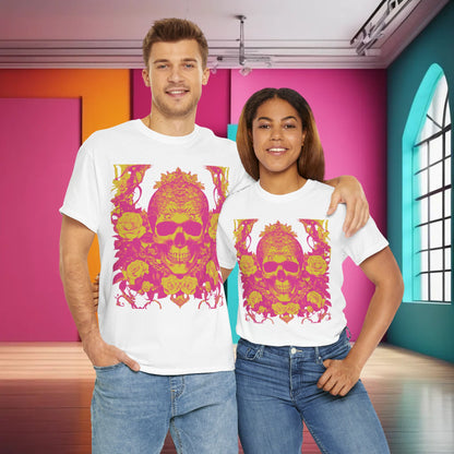 Stylish Skulls and Roses Cotton Tee, unisex graphic shirt in vibrant colours, perfect for alternative fashion lovers.