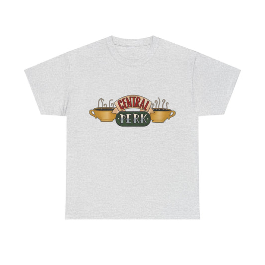 Central Perk Coffee Shop Friends Retro Logo Graphic Tee Unisex in a grey colour, featuring the iconic Central Perk logo, ideal for fans of the beloved sitcom.