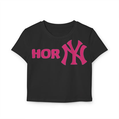 Playful Yankees Women's Cropped T-Shirt, a sassy organic cotton tee perfect for flaunting your cheeky charm in a vibrant magenta colour!