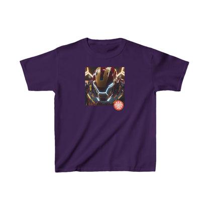 Kids Iron Man Heavy Cotton T-Shirt in elegant purple, showcasing a dynamic Iron Man print, ensuring a stylish look for any occasion.