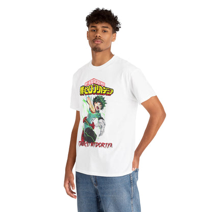 Stylish Izuku Midoriya t-shirt featuring vibrant design from My Hero Academia, showcasing the iconic character in a dynamic pose, perfect for anime enthusiasts.