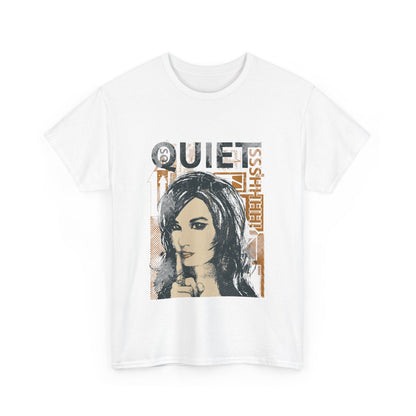 Sophisticated white men's t-shirt displaying an artistic graphic design featuring 'QUIET' alongside a bold portrait, a statement piece for fashion-forward individuals.