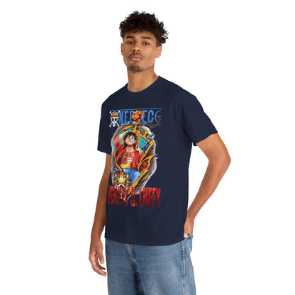 Fashionable model wearing a navy blue t-shirt embellished with a striking Monkey D. Luffy graphic, embodying the spirit of adventure.