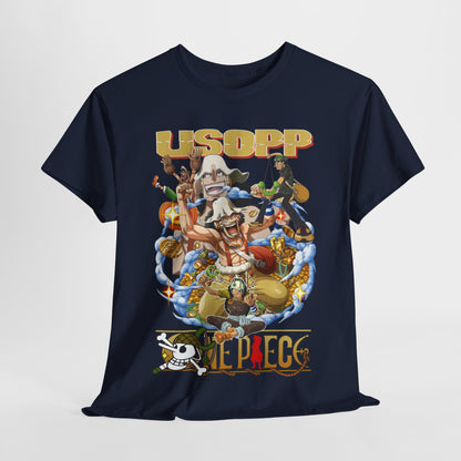 Elegant navy t-shirt adorned with a dynamic graphic of Usopp and friends from the esteemed anime series, capturing the essence of adventure and excitement in luxurious fashion.