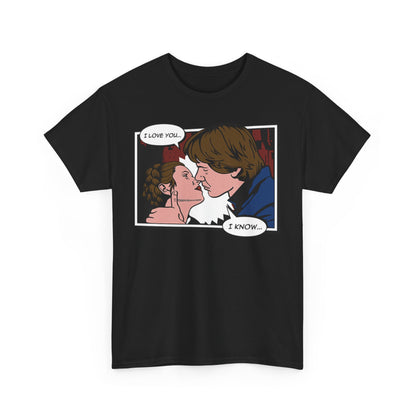 Elegant Star Wars I Know Funny Graphic T-Shirt design, featuring a romantic graphic of Han Solo and Princess Leia embracing, with the memorable quotes: 'I LOVE YOU... I KNOW...' against a stylish black background.
